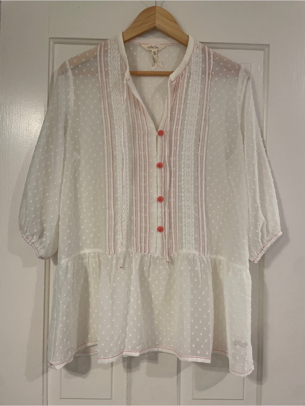 Matilda Jane White Swiss Dot Tunic with Pink Trim and Coral Buttons